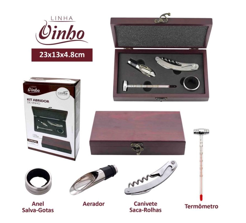 Kit Abridor De Vinho C/ 4 Pcs Em Inox Liga De Zinco E Silic E Vidro Ref:ca10087