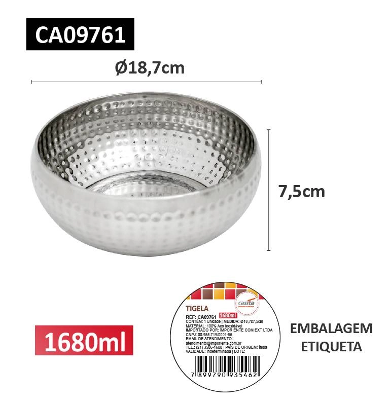 Tigela Aco Inox 1680ml Tam 0187x75cm
