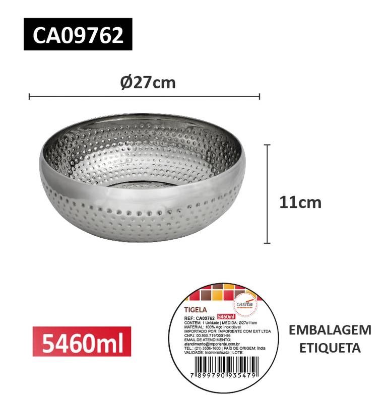 Tigela Em 100 Aco Inoxidavel, Capacidade: 5460ml,