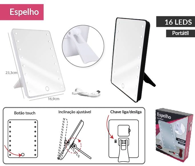 Espelho De Mesa Portatil Usb 16 Leds 16,9x4,8x23,3cm Imporie