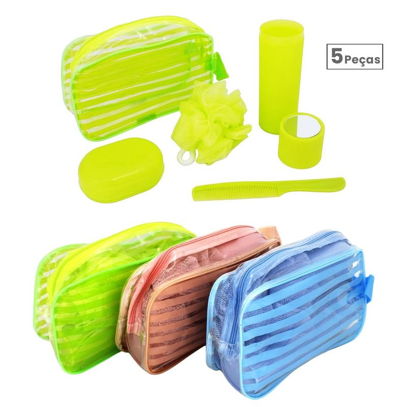 Kit Necessaire, Contendo 5 Peas: 1 Estojo Para Escova De Dentes Com Lente, 1 Pente, 1 Esponja De Ba