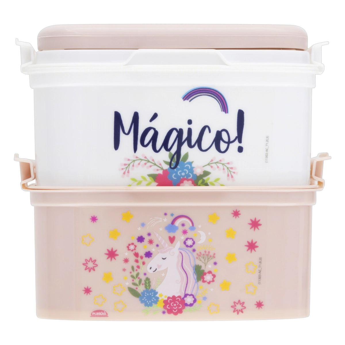 Pote Plástico Mini Marmita Retangular Unicórnio 2 Divisórias 440ml Plasútil