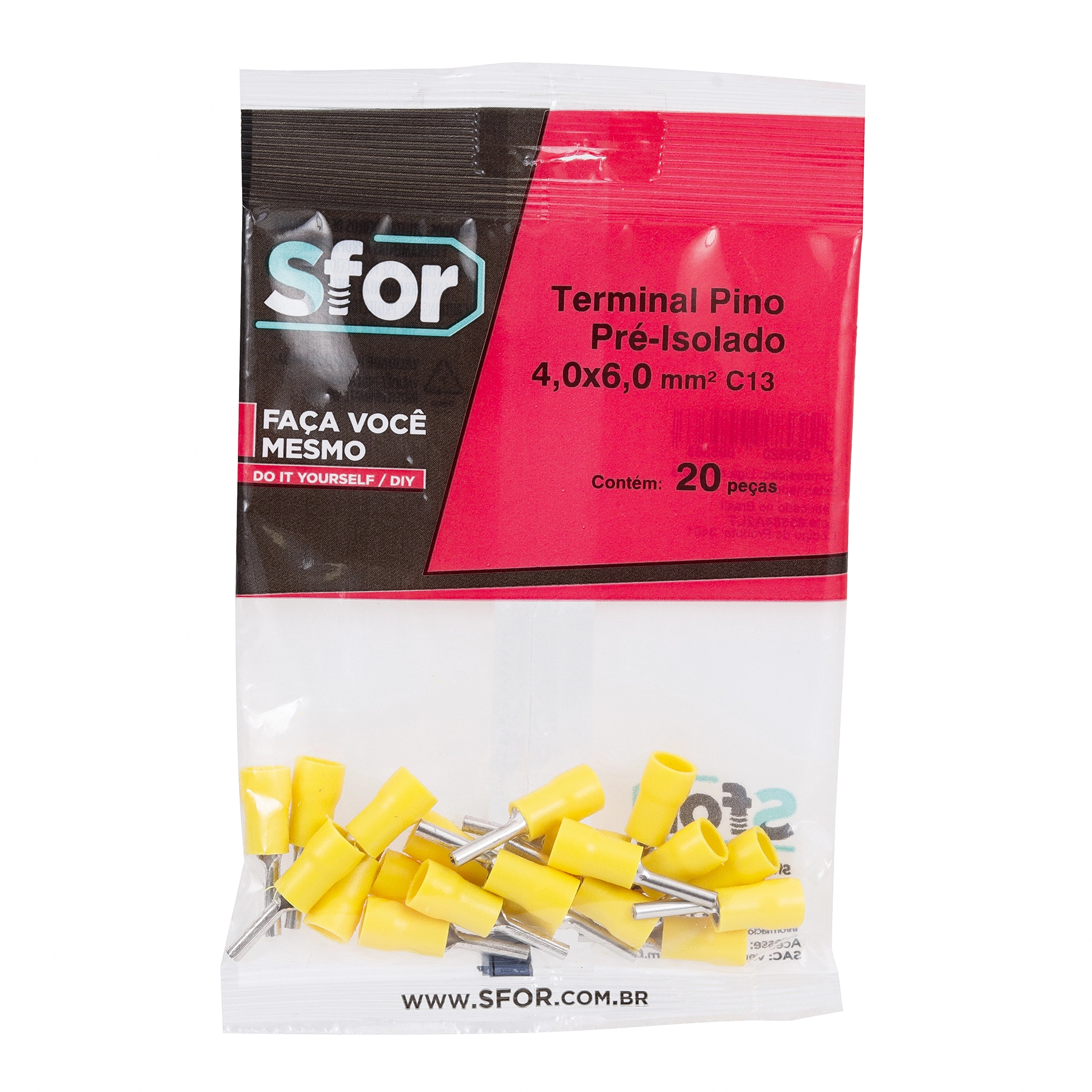 Terminal Pino Pré-Isolado Amarelo 4,0x6,0mm² C13 20Pçs Sforplast
