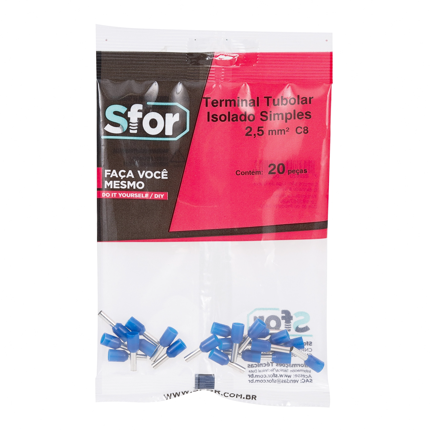 Terminal Isolado Tubolar Simples Azul 2,5mm² C8 20Pçs Sforplast