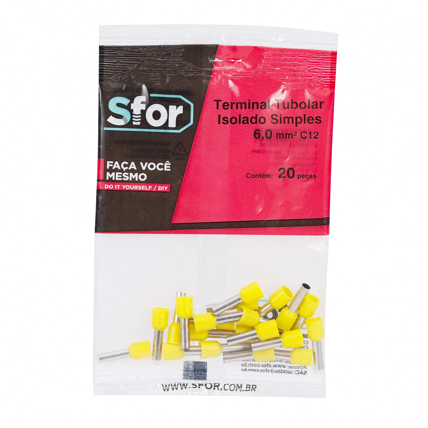Terminal Isolado Tubolar Simples Amarelo 6,0mm² C12 20Pçs Sforplast
