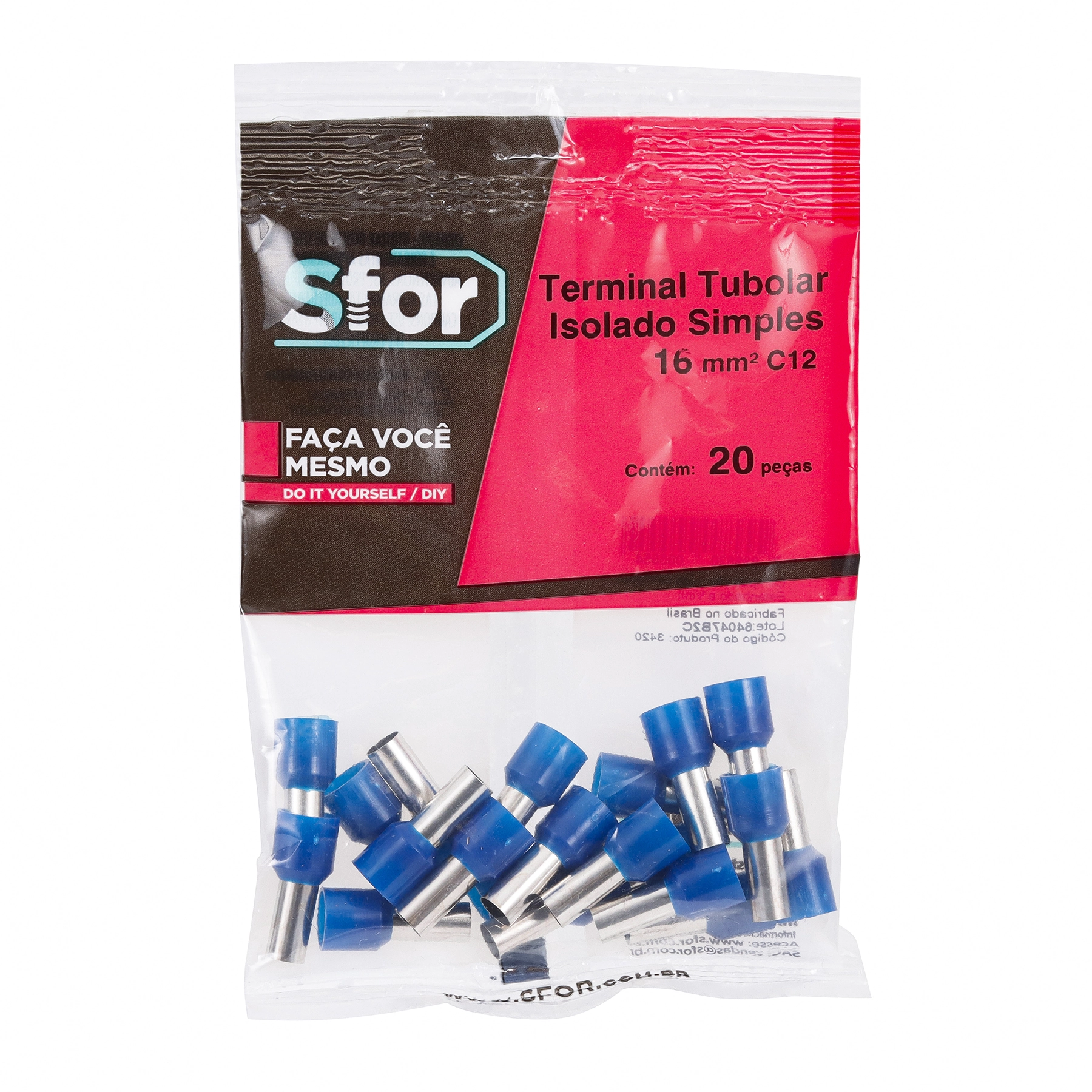 Terminal Isolado Tubolar Simples Azul 16mm² C12 20Pçs Sforplast