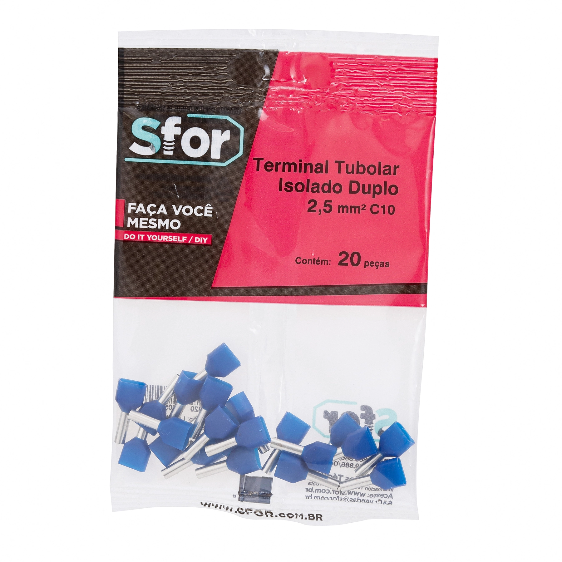 Terminal Isolado Tubolar Duplo Azul 2,5mm² C10 20Pçs Sforplast