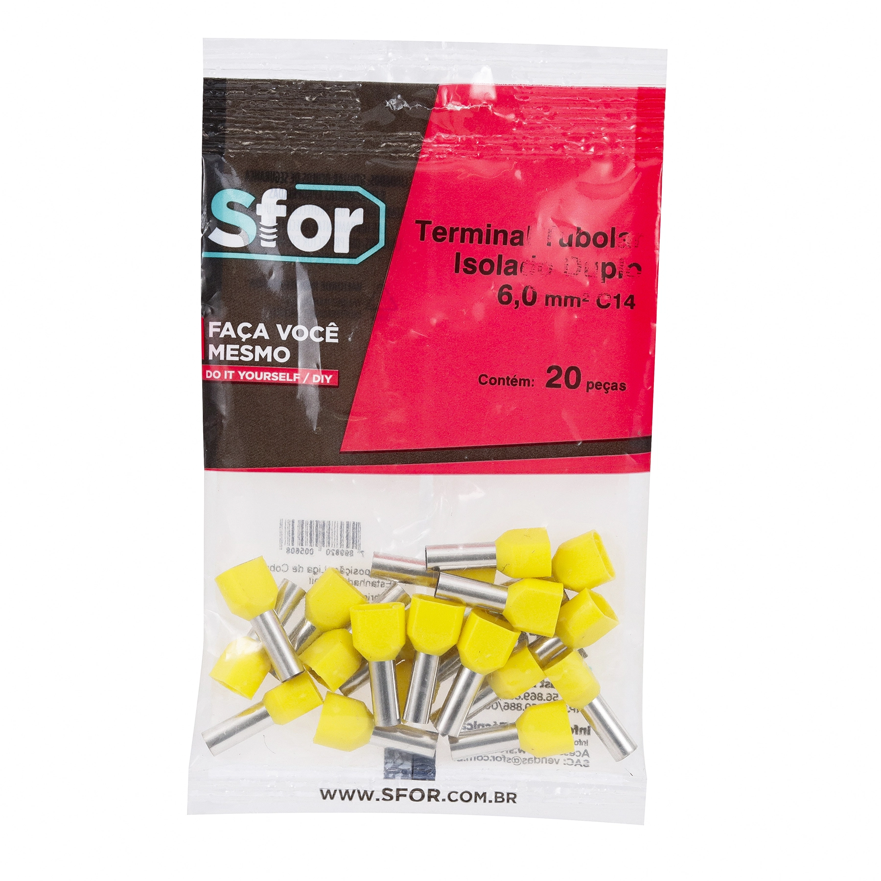 Terminal Isolado Tubolar Duplo Amarelo 6,0mm² C14 20Pçs Sforplast