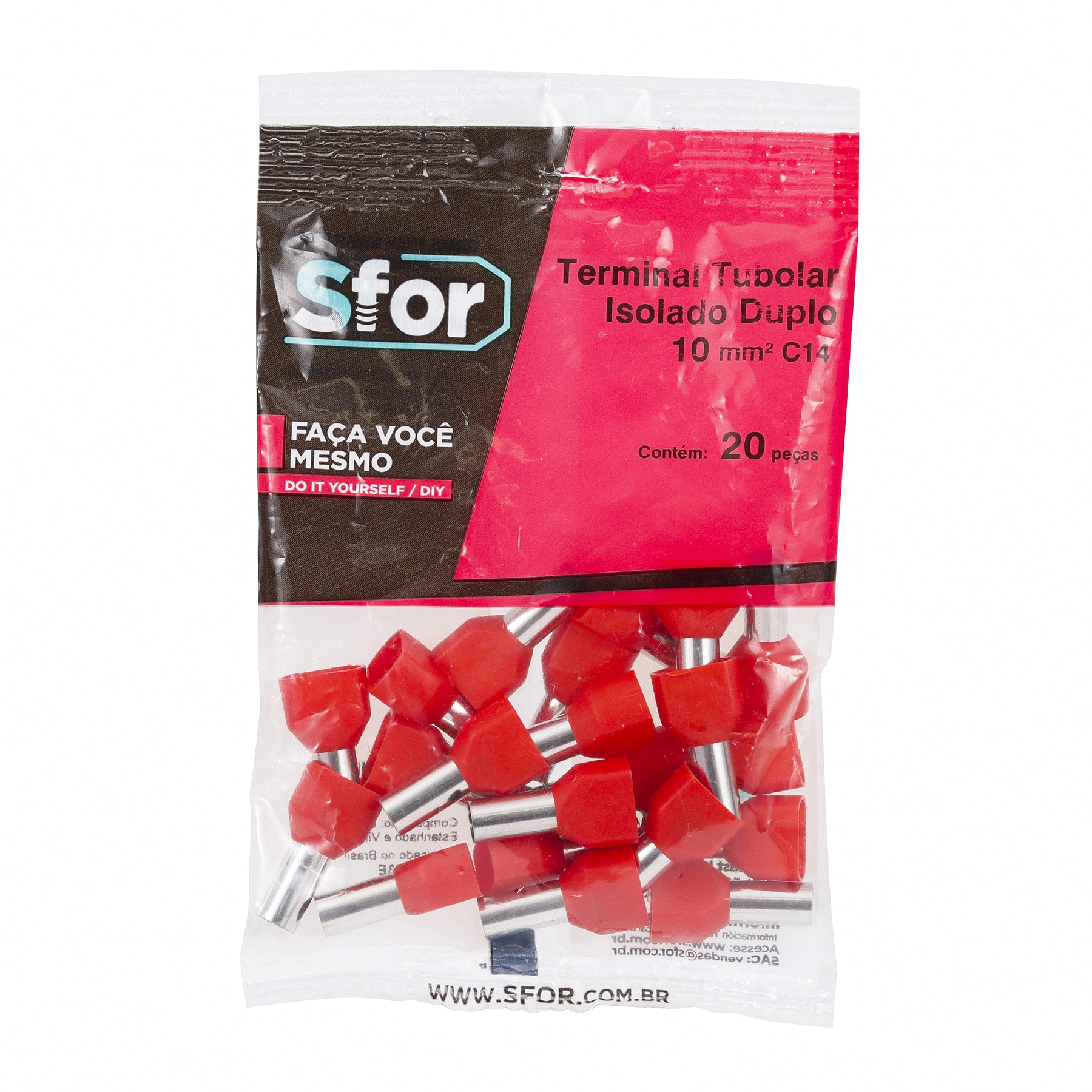 Terminal Isolado Tubolar Duplo Vermelho 10mm² C14 20Pçs Sforplast