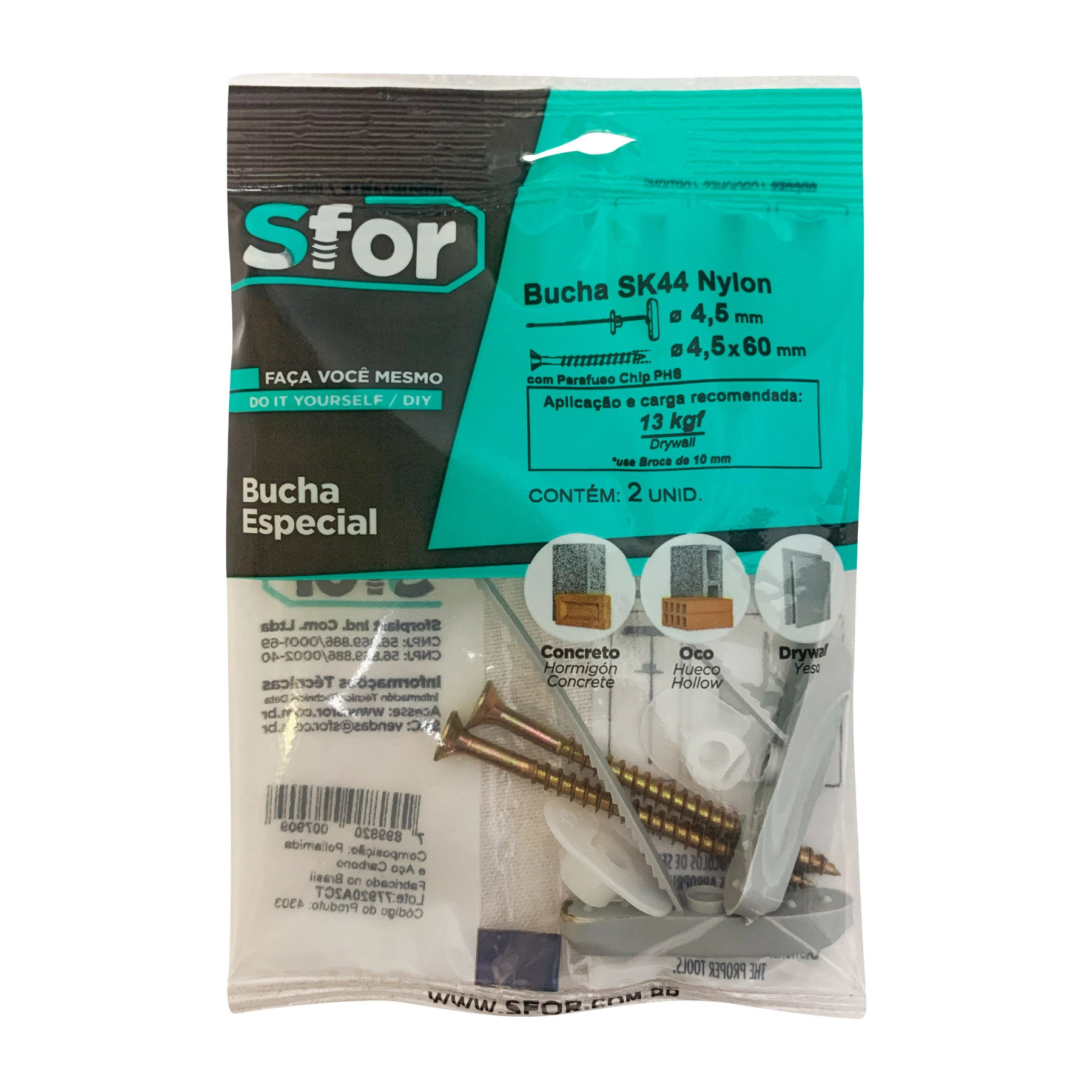 Bucha Sk44 Nylon 10mm com Parafuso Chipboard 4,5x45mm Philips Sfor