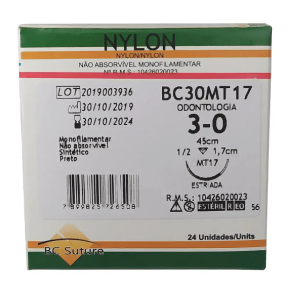 Fio de Sutura Agulhado Nylon - BC Bioline - 3-0 - 3-8circ. - 2,0cm (Cód. 26.9086)