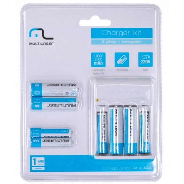 Carregador De Pilhas Com 8 Pilhas 4 Pilhas Aaa + 4 Pilhas Aa Cb093 Multilaser