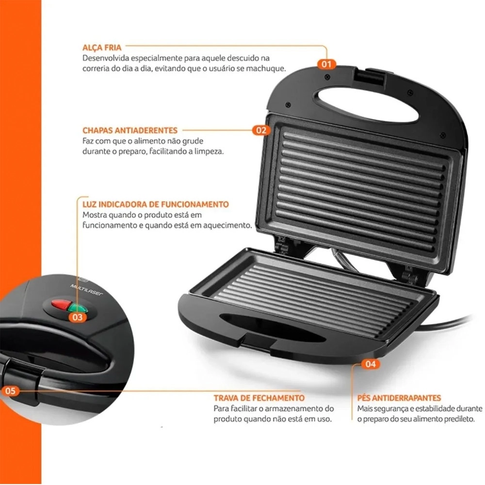 Grill E Sanduicheira Elétrica 110v Antiaderente Multilaser