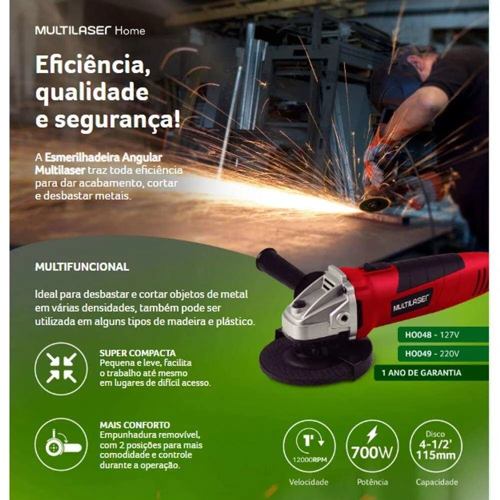 Esmerilhadeira Angular Multilaser 127V 700W Vermelha - HO048