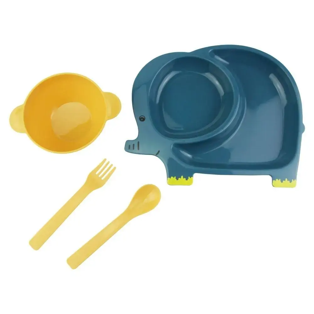 Conjunto Papinha Infantil Elefante 4Pçs Prato Tigela Talher