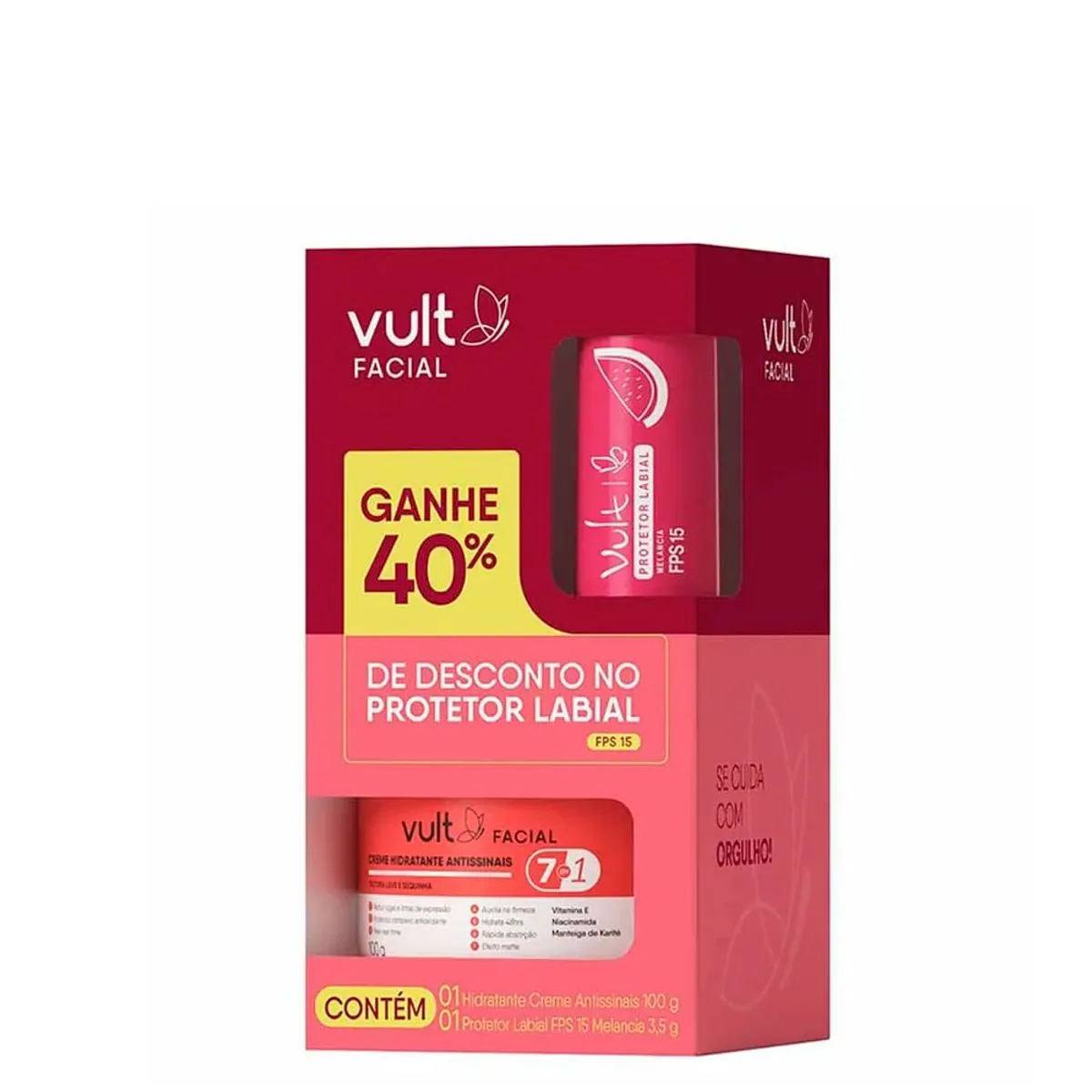 Kit Creme Hidratante Antissinais Facial 100g Protetor Labial Fps 15 Melancia 3,5g Vult Grátis 40 De