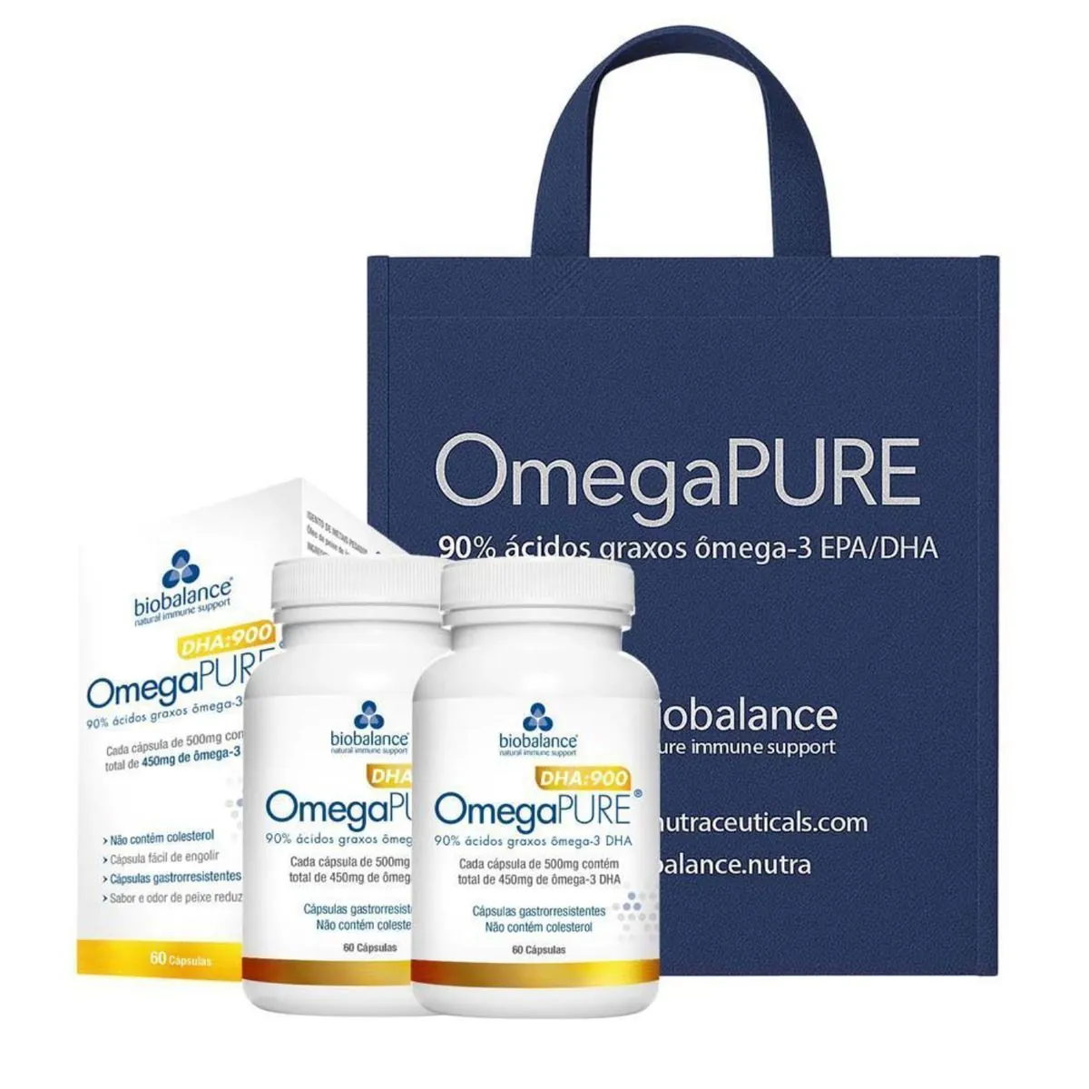 KIT 2 Omegapure DHA 900 500mg 60 Cápsulas + Sacola TNT Biobalance
