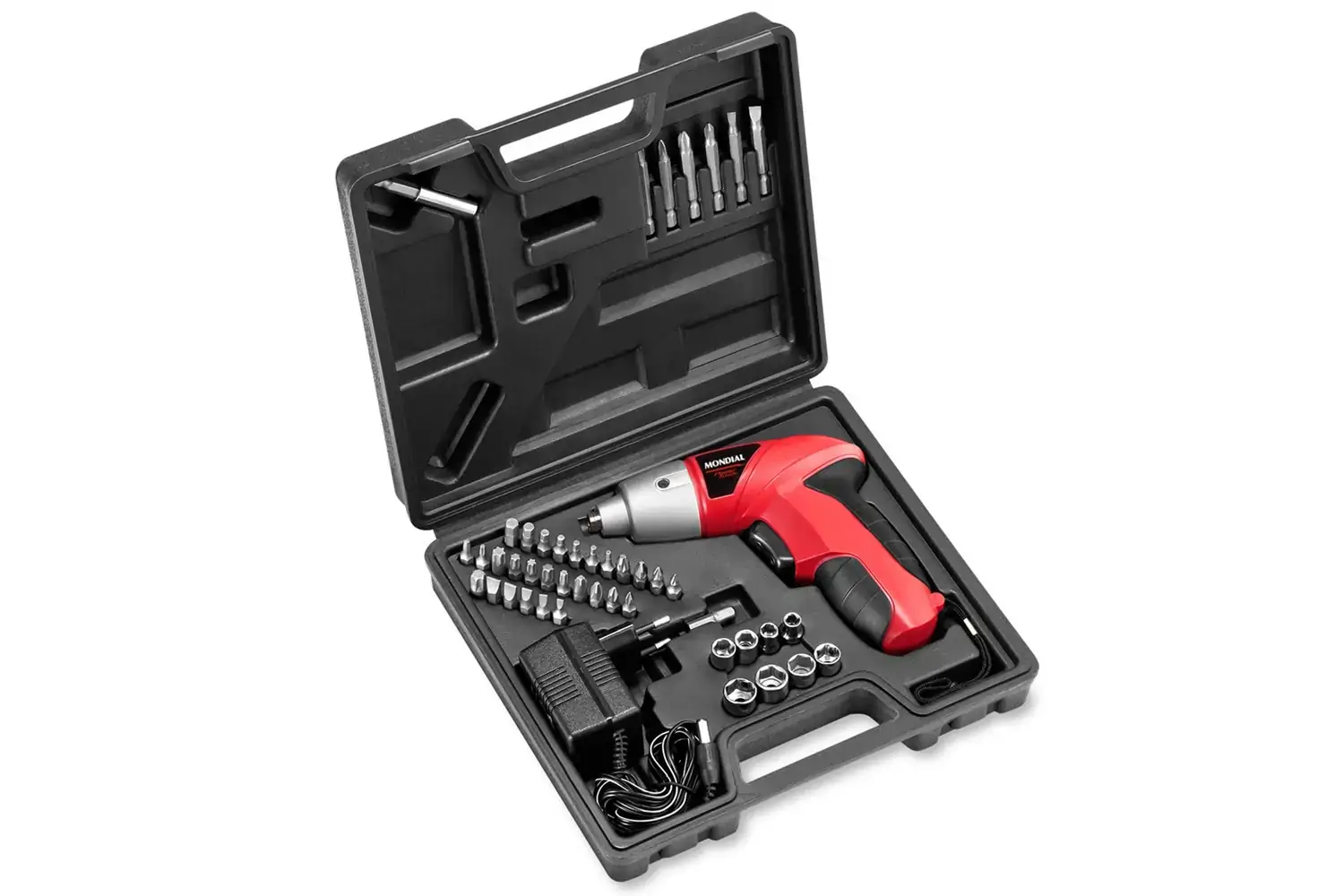 Kit Parafusadeira Sem Fio 4,8v Com Carregador Bivolt,maleta Mondial E 44 Peças Fpf 05m Bivolt