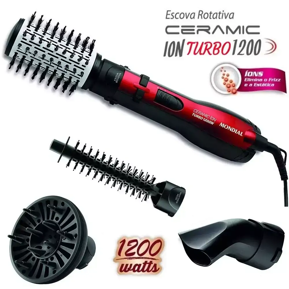 Escova Rotativa Mondial ER-09 Ceramic Íon Turbo - 1200W - 4 em 1 - Seca, Modela, Estiliza, Define Cachos - 110V