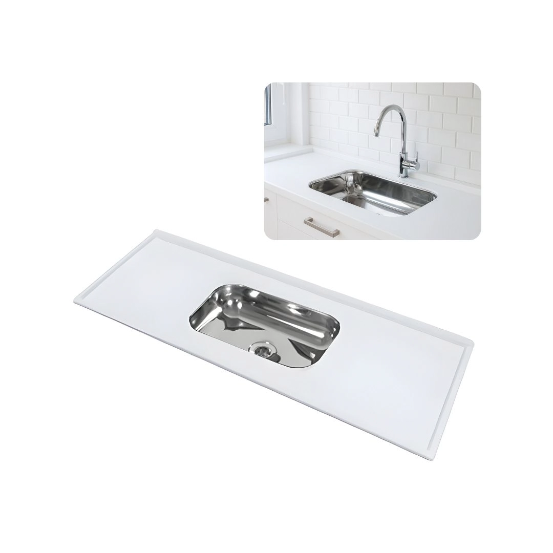Pia De Cozinha Mármore Sintético Bege 1,20m Com Cuba Inox N1 Branco