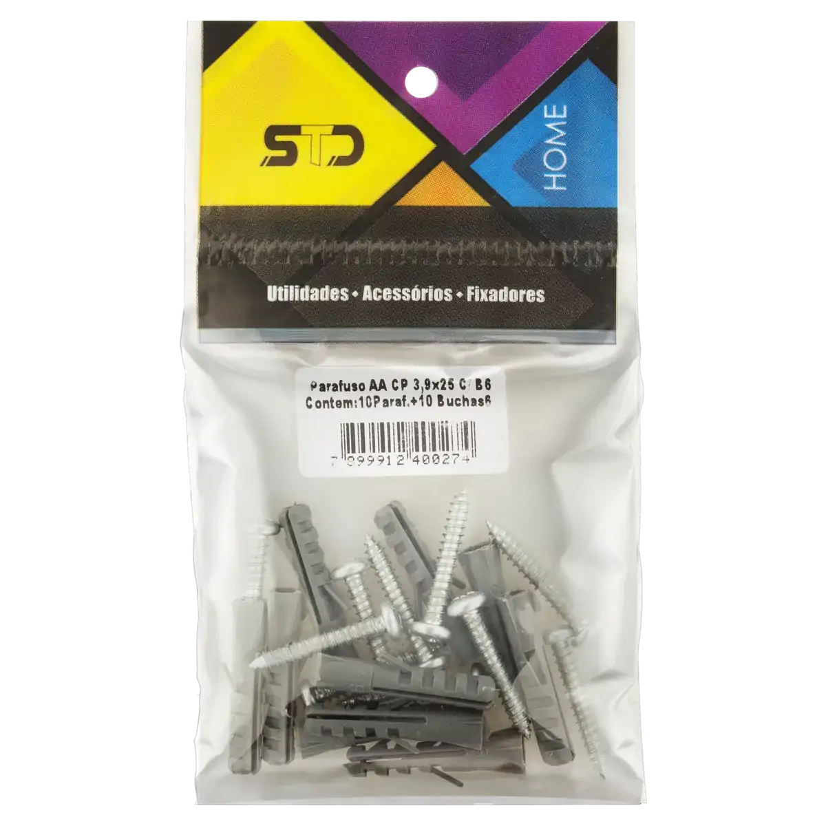 Parafuso Auto Atarraxante Com Bucha 6mm Cabeça Panela Std 3,9mm X 25mm 10 Unidades