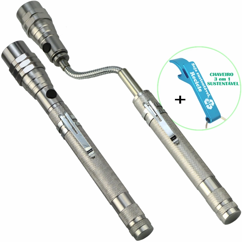 Lanterna De Led Telescópica Flexível Laser Pointer Com Imã Prata + Chaveiro Cbrn16303