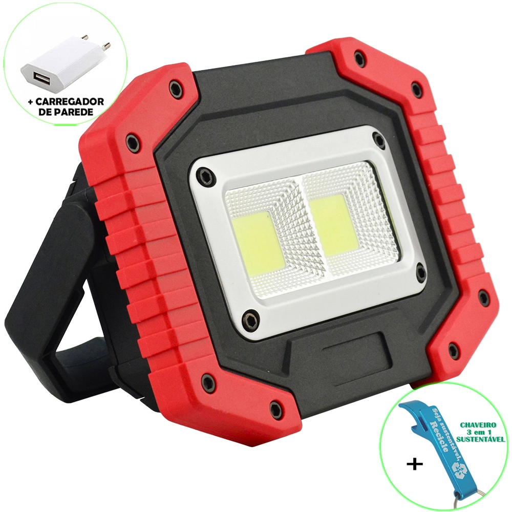Refletor Led 30w Portátil Recarregável Led Cob Ip65 Vermelho + Chaveiro Cbrn16488