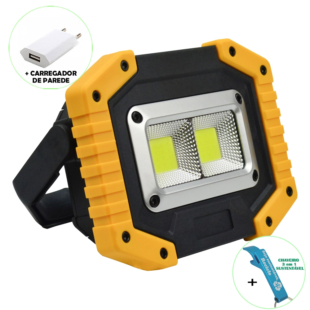 Refletor Led 30w Portátil Recarregável Led Cob Ip65 Amarelo + Chaveiro Cbrn18024