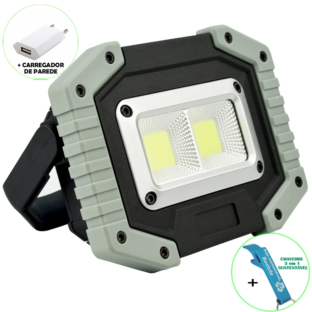 Refletor Led 30w Portátil Recarregável Led Cob Ip65 Cinza + Chaveiro Cbrn18031