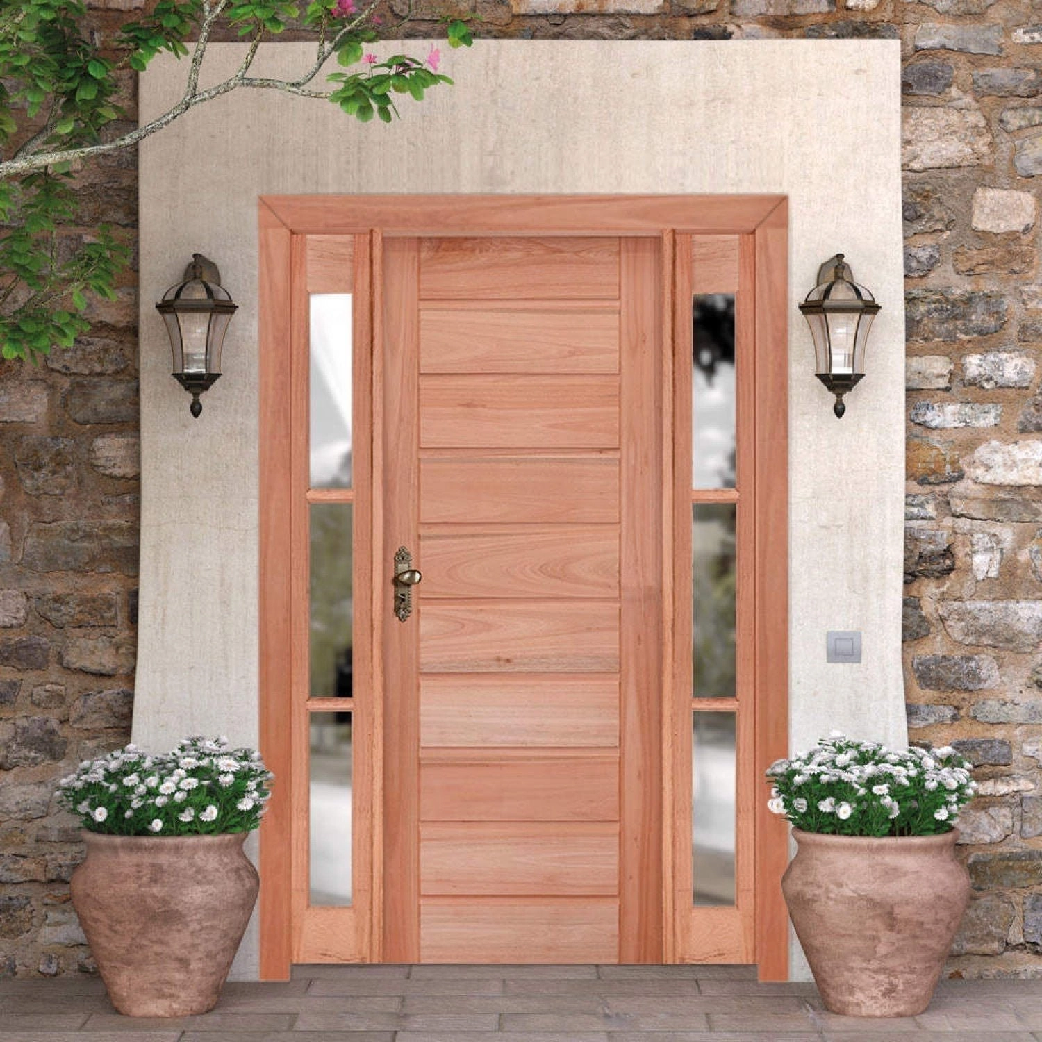 Kit Porta De Abrir Madeira 2 Vitrô 213cmx146cmx12cm Pe30 Abertura Direita Natural