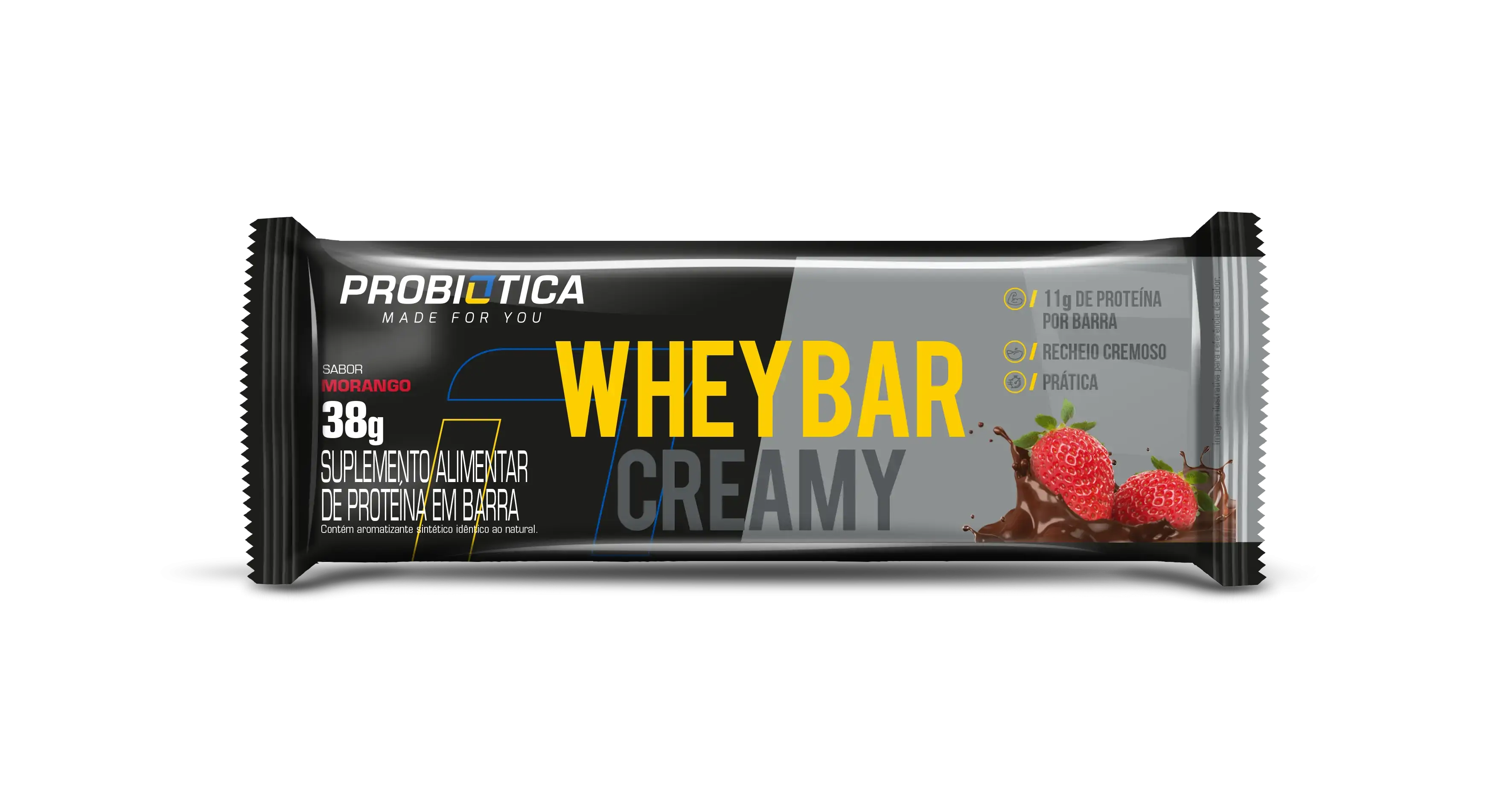 Barra De Proteína Morango Probiótica Whey Bar Creamy Caixa 12 Unidades 38g Cada