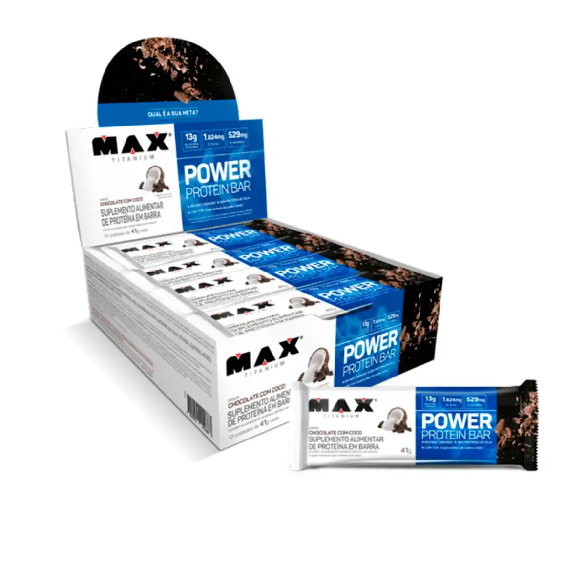 Barra De Proteína Chocolate Com Coco Max Titanium Power Protein Bar Caixa 12 Unidades 41g Cada