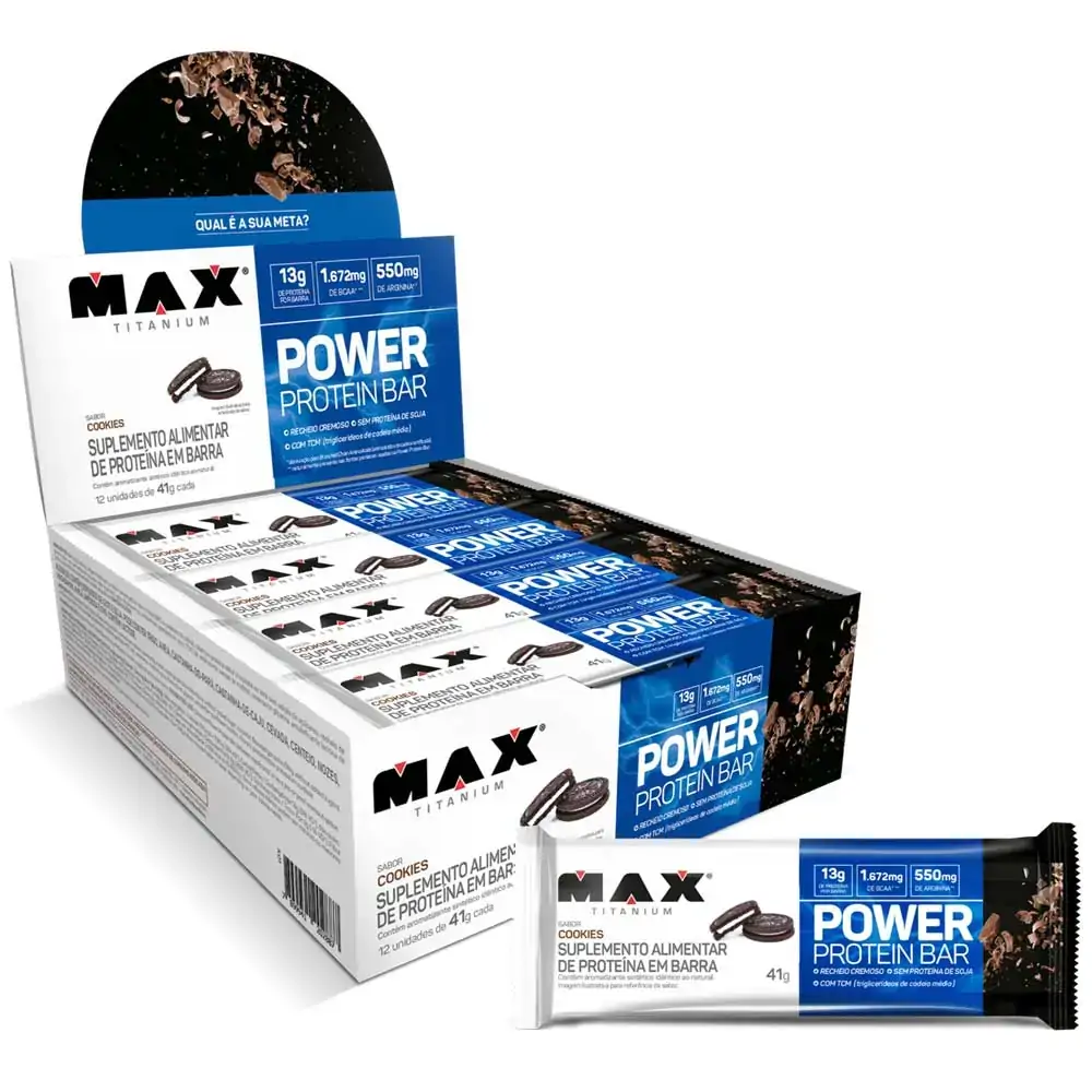 Barra De Proteína Cookies Max Titanium Power Protein Bar Caixa 12 Unidades 41g Cada