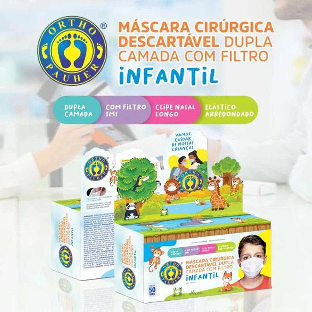 Máscara Descartável Infantil Ortho Pauher Dupla Camada Com Filtro Sms Azul 50 Unidades