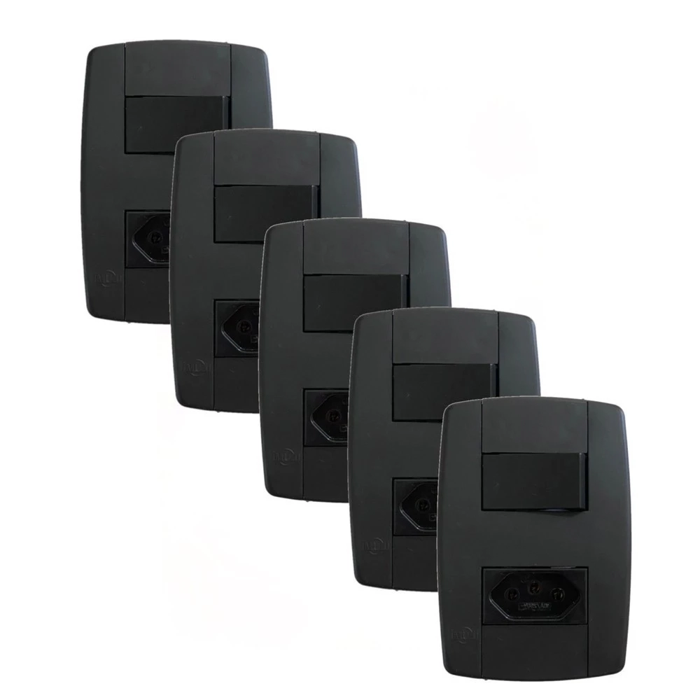 Kit 5 Conjunto Interruptor Simples + Tomada 10a 250v Preta