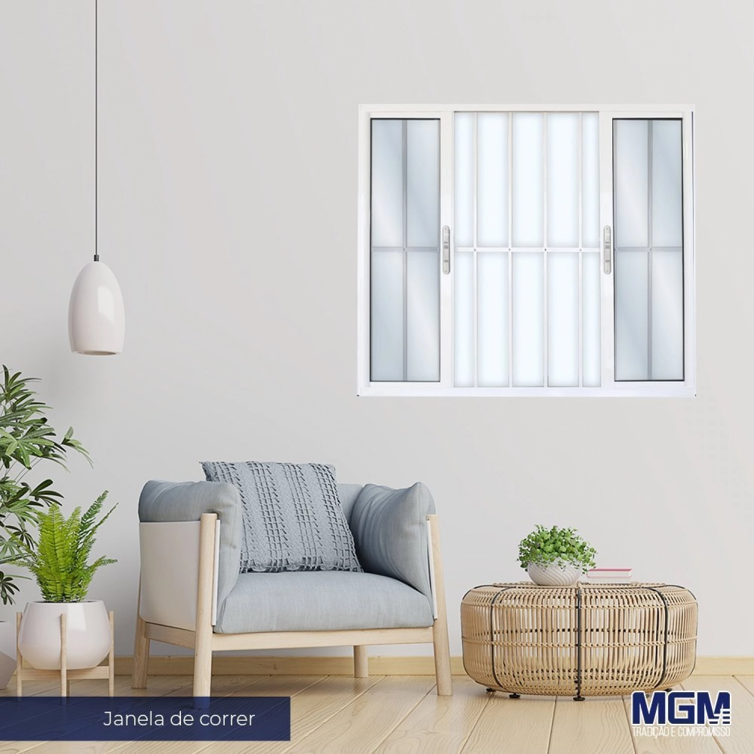 Janela De Alumínio De Correr 120x150cm 4 Folhas 2 Fixas Com Grade E Vidro Mini Boreal Linha Solida Mgm Branco
