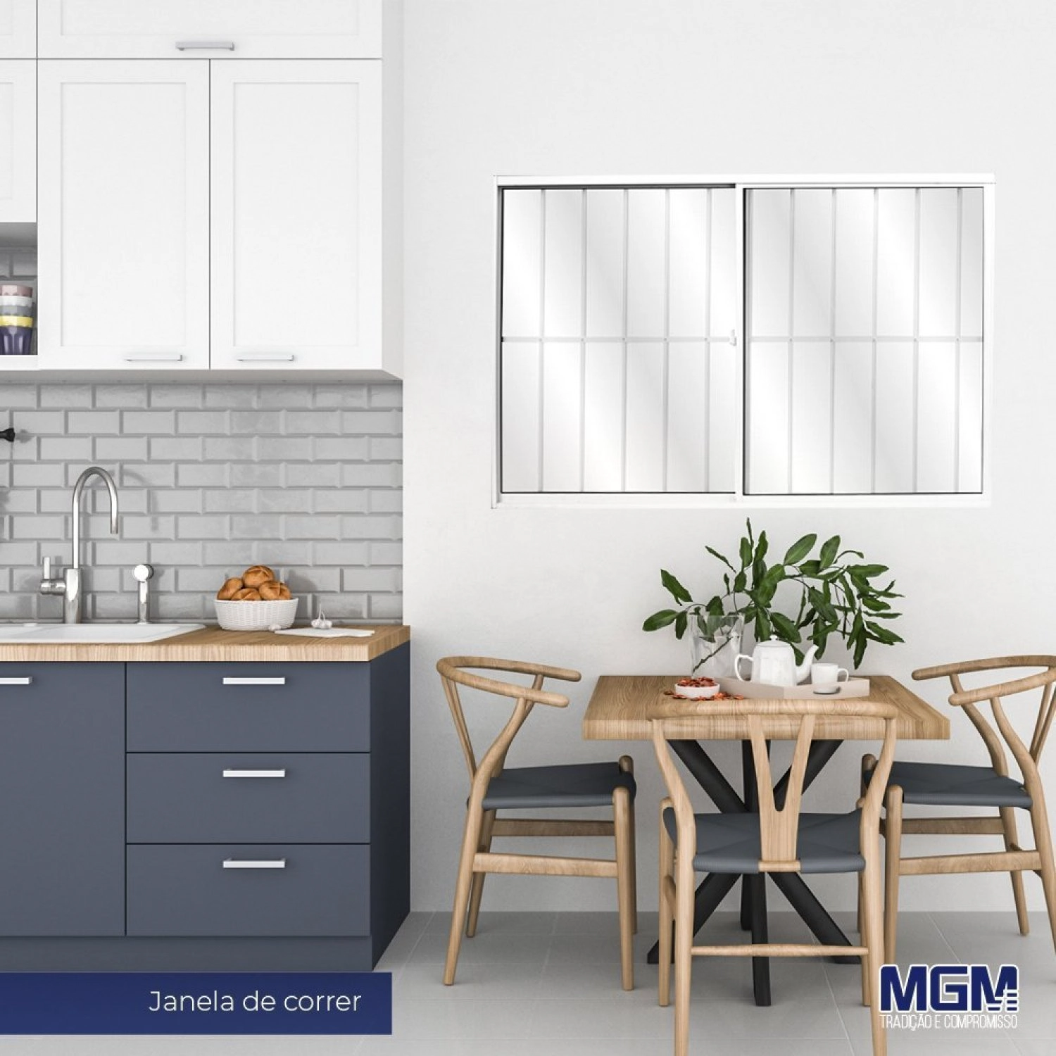 Janela De Alumínio De Correr 120x120cm 2 Folhas Com Grade E Vidro Mini Boreal Linha Soft Mgm Branco