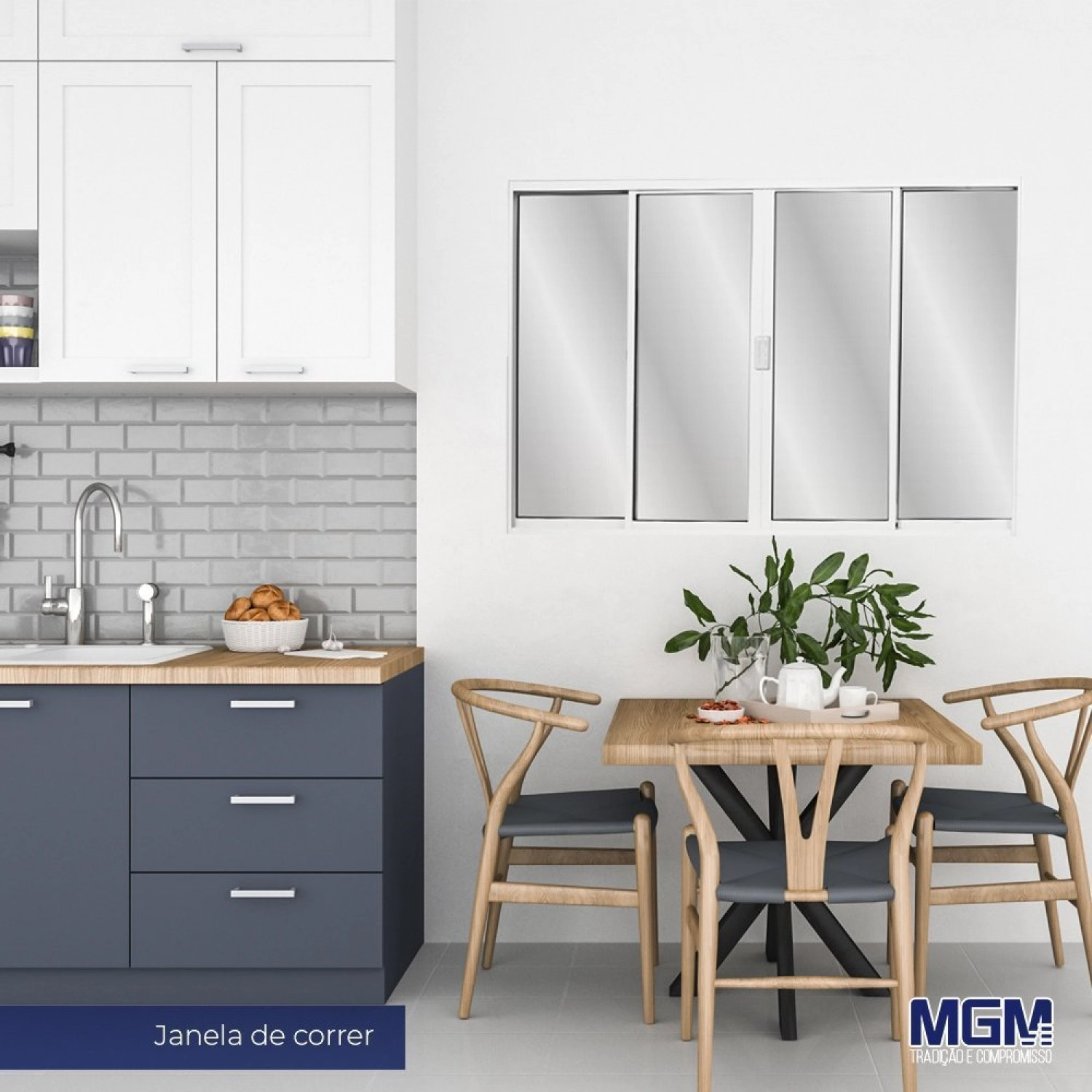 Janela De Alumínio De Correr 120x120cm 4 Folhas 2 Fixas Com Vidro Liso Linha Soft Mgm Branco