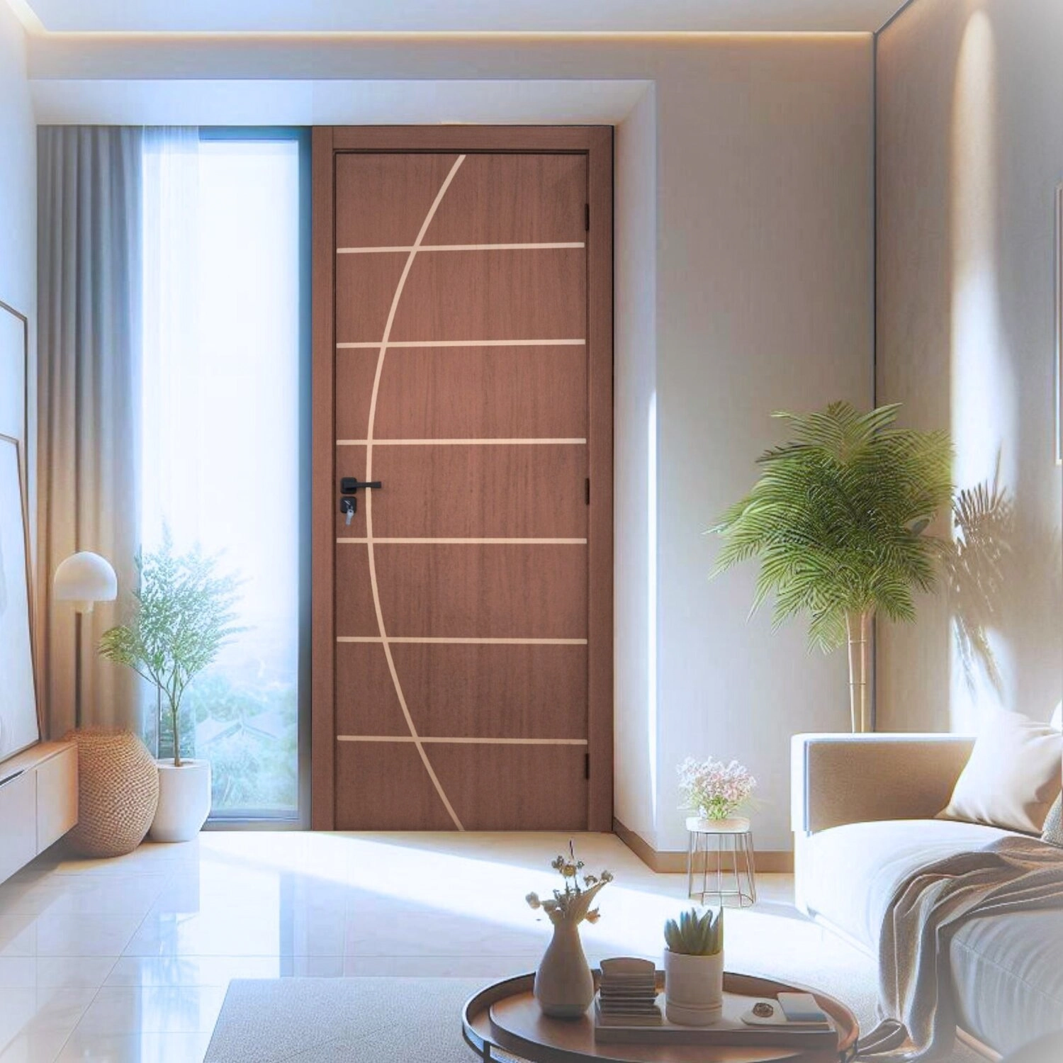 Kit Porta De Madeira Decorada 215x64cm Batente 16cm Neblina Abertura Direita Ipê