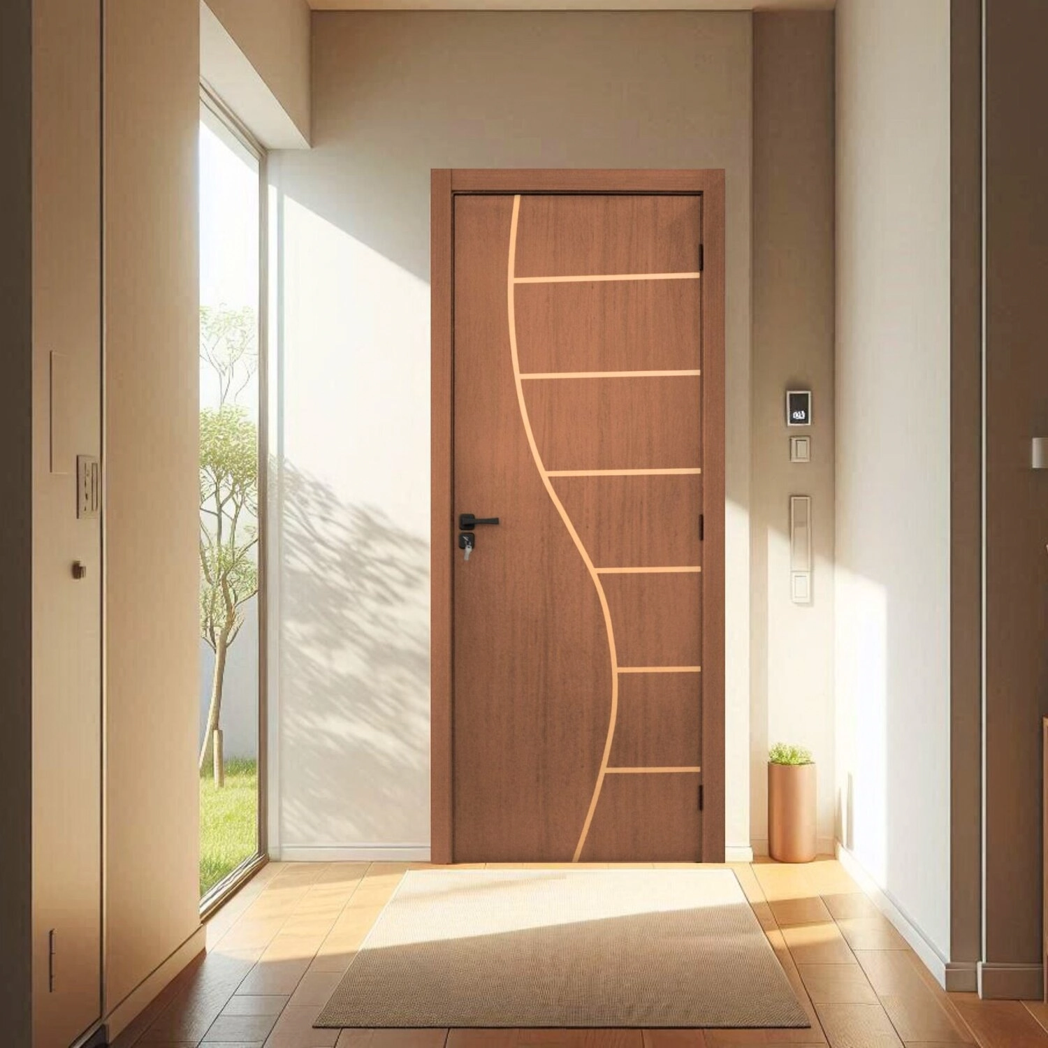 Kit Porta De Madeira Decorada 215x84cm Batente 10cm Cantareira Abertura Direita Ipê