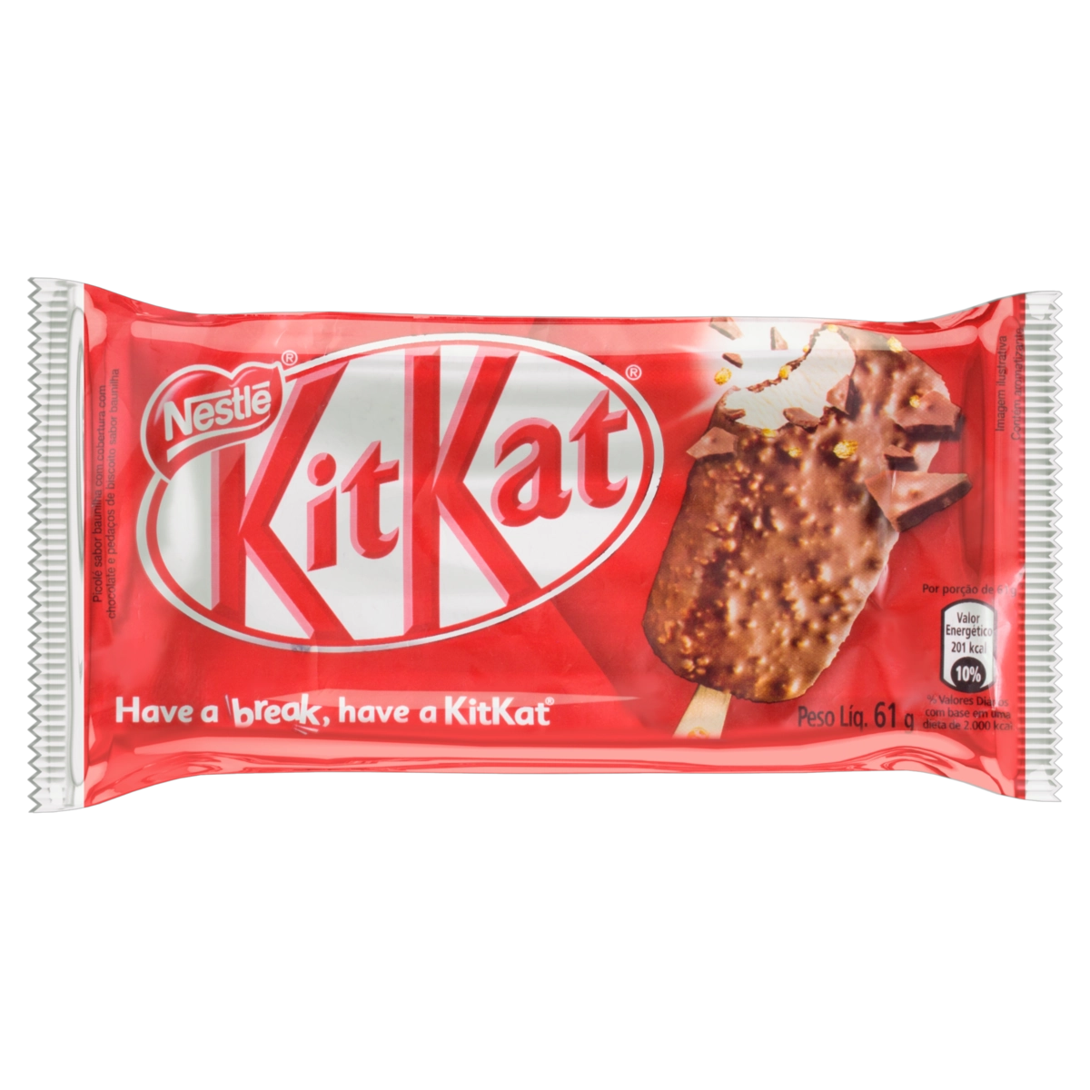 Picolé Baunilha Cobertura Chocolate E Pedaços De Biscoito Nestlé Kitkat Pacote 61g