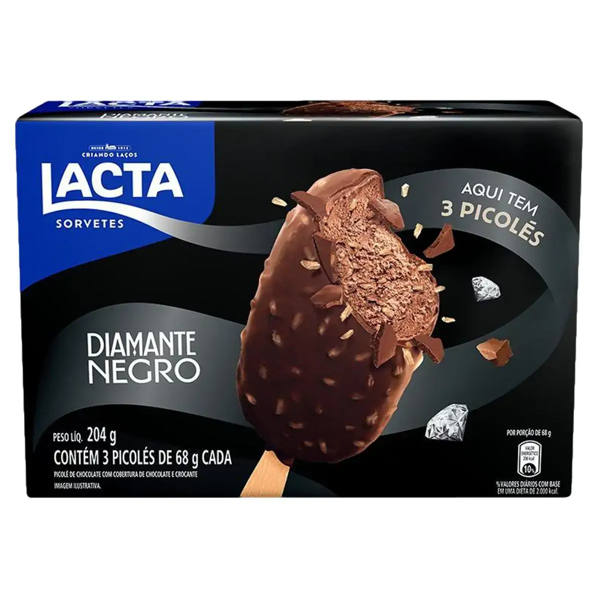 Pack Picolé Diamante Negro Lacta Caixa 204g 3 Unidades