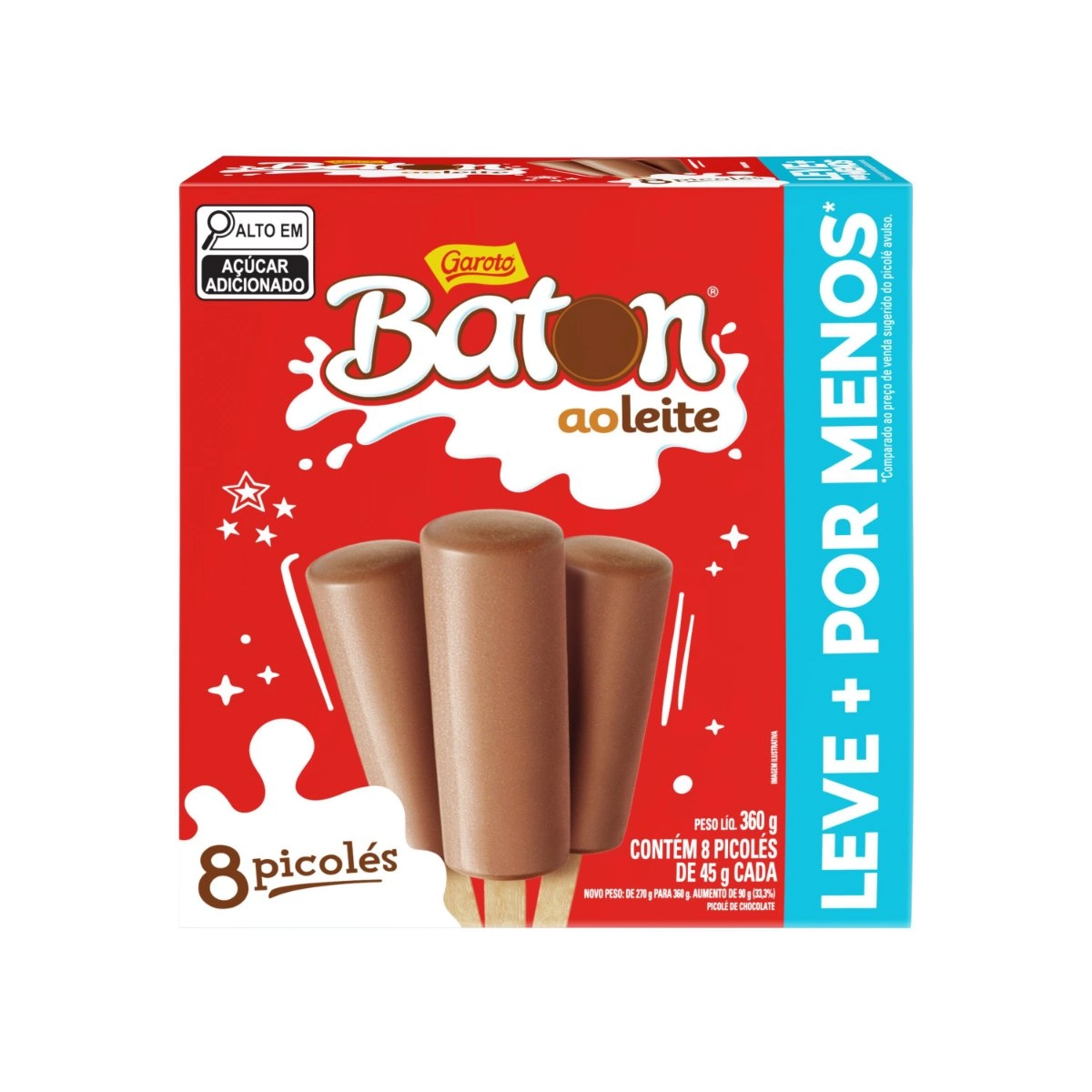 Pack Picolé Baton Ao Leite Garoto Caixa 360g 8 Unidades Leve Mais Pague Menos