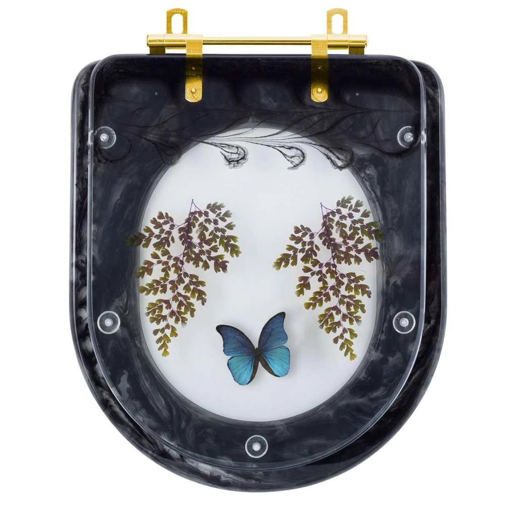 Assento Sanitario Poliester  Decorado Borboleta Azul Carrara Preto  Com Ferragem Dourada