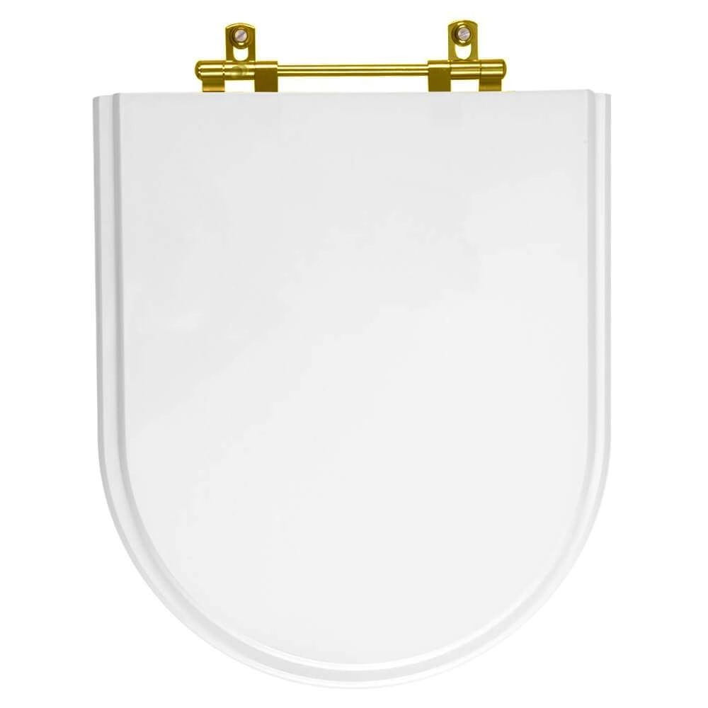 Assento Sanitário Poliéster Carrara Branco Ferragem Dourada