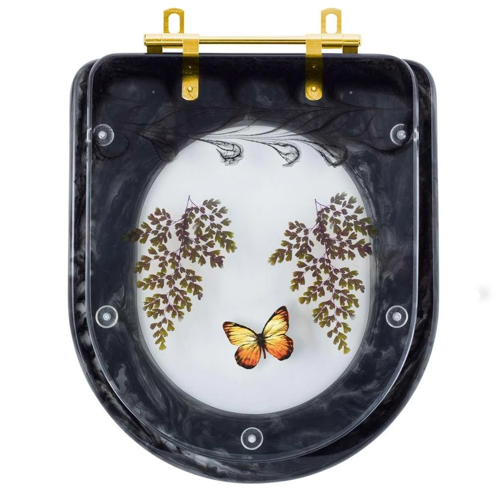 Assento Sanitario Poliester  Decorado Borboleta Amarela Carrara Preto  Com Ferragem Dourada