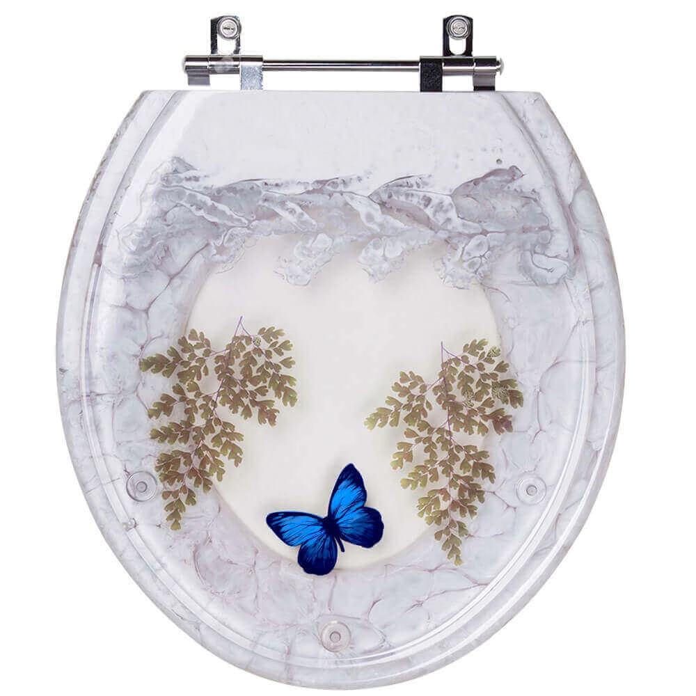 Assento Sanitário Poliester Decorado Convencional Branco Borboleta Azul