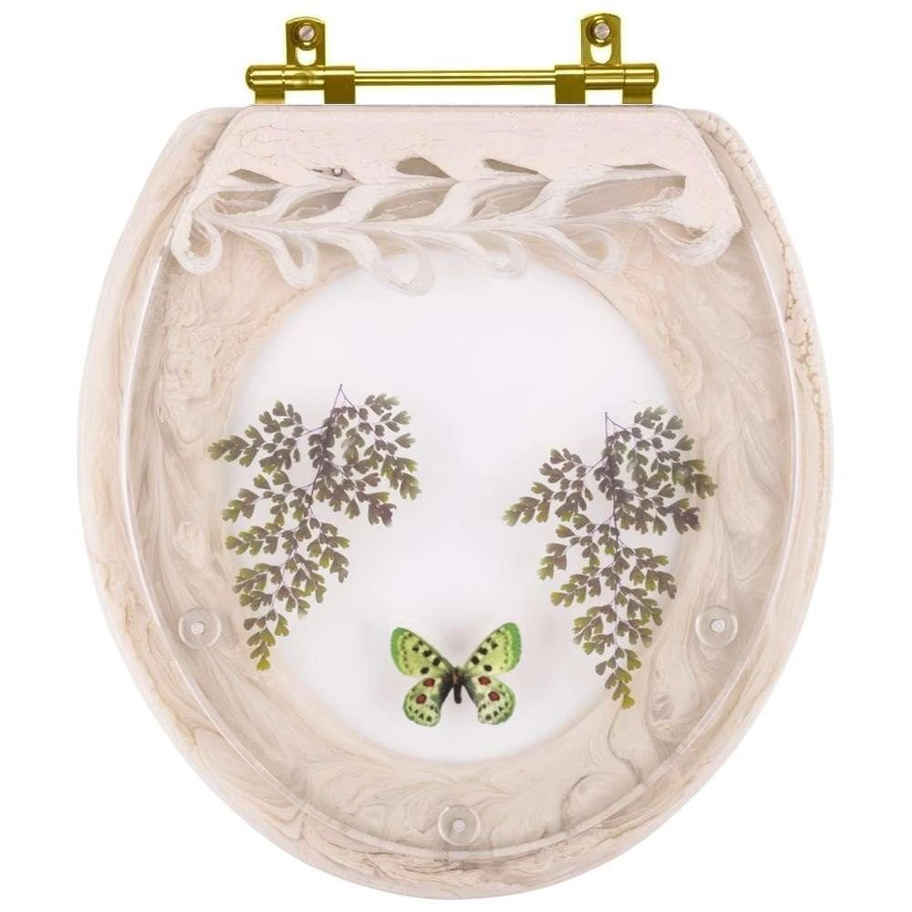 Assento Sanitário Decorado Oval Convencional Biscuit Com Borboleta Verde Para Todas As Marcas Com Ferragem Dourada