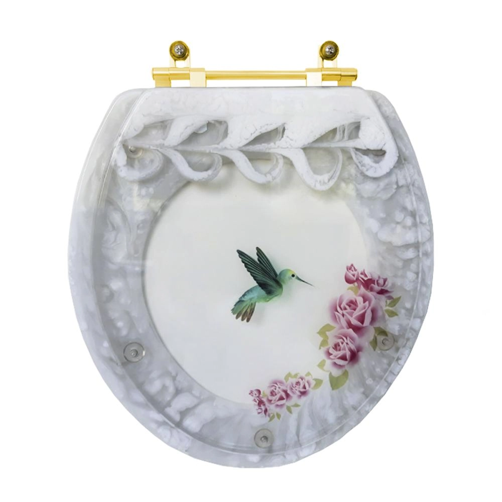 Assento Sanitário Poliester Decorada Convencional Beija Flor Com Ferragem Dourada