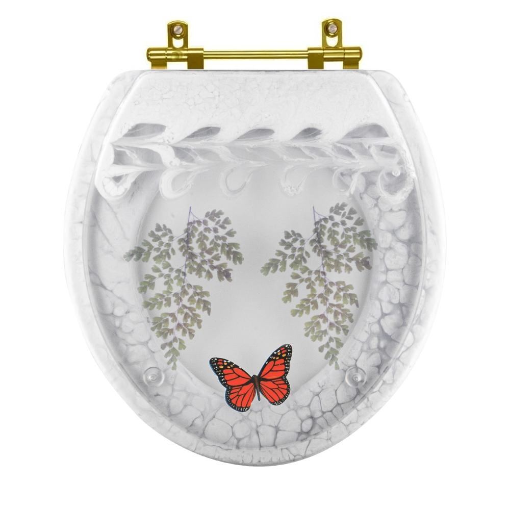 Assento Sanitário Poliester Decorado Oval Convencional Avenca Com Borboleta Vermelha Com Ferragem Dourada